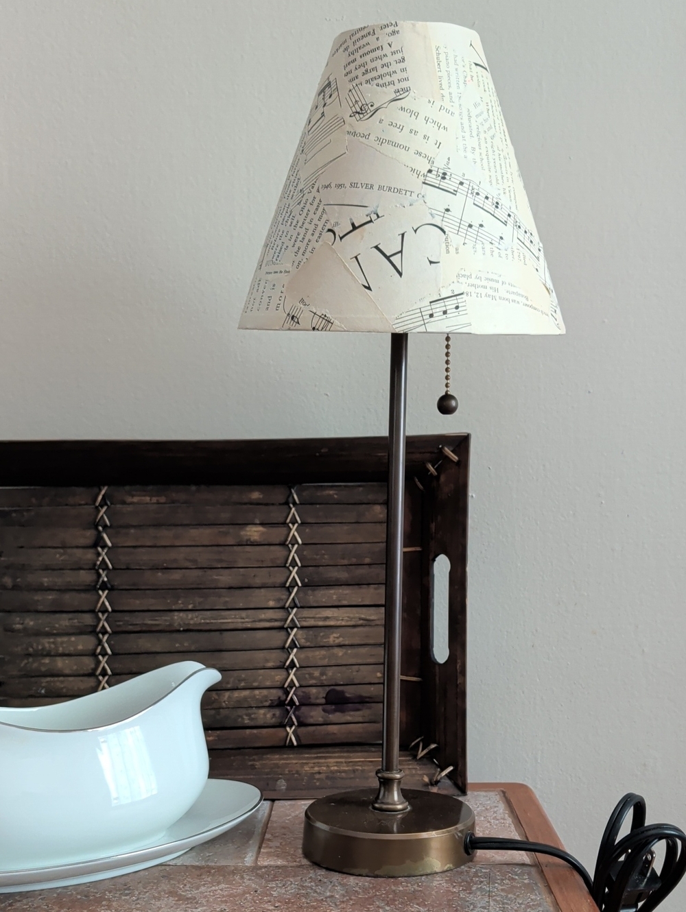 Vintage-Style Brass Table Lamp with Sheet Music Shade Decorative Home Lighting